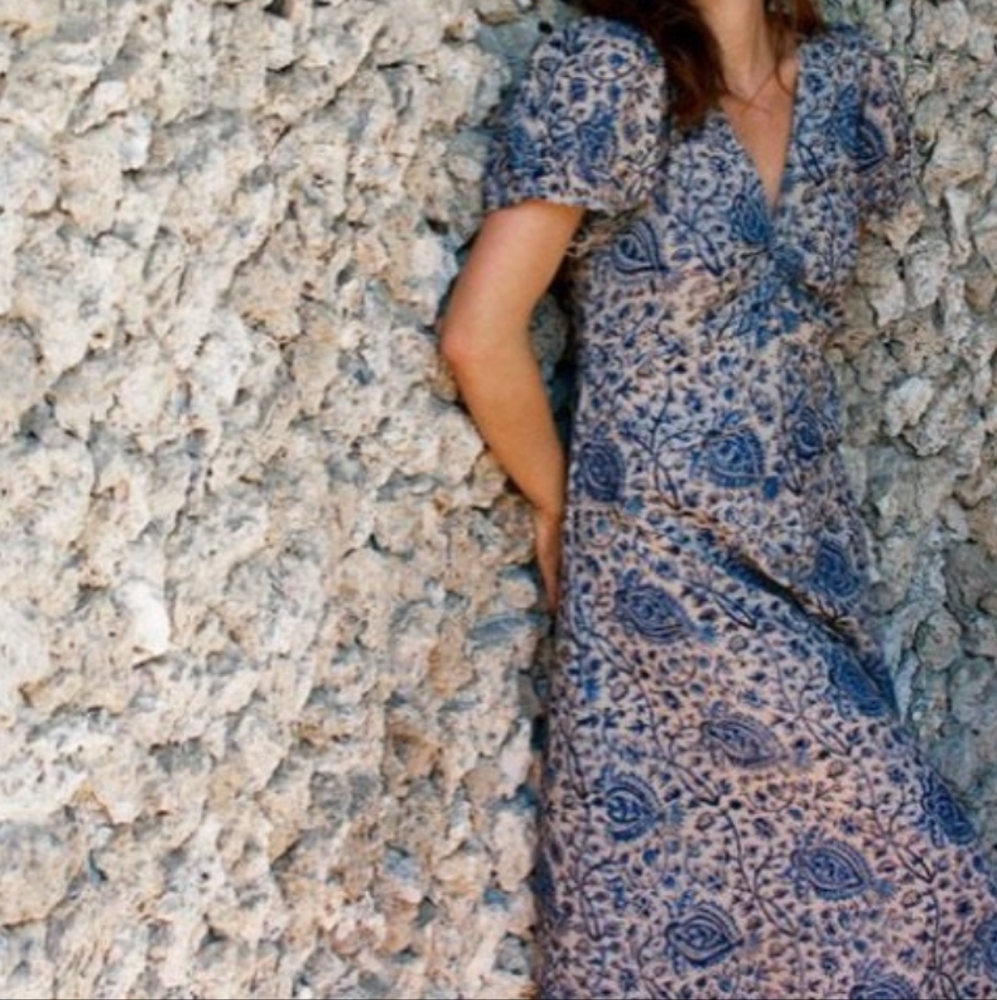Matta Dress Blue Bell Alice Kalamkari Cotton Midi Dress Size Large